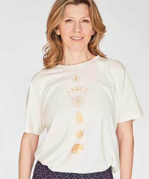 Ognx Yoga Boxy T-Shirt Spiritual Chakras by Gabriela Bozic Bio Baumwolle Tencel™ Sora - weiß Limitierter Zeitrabatt