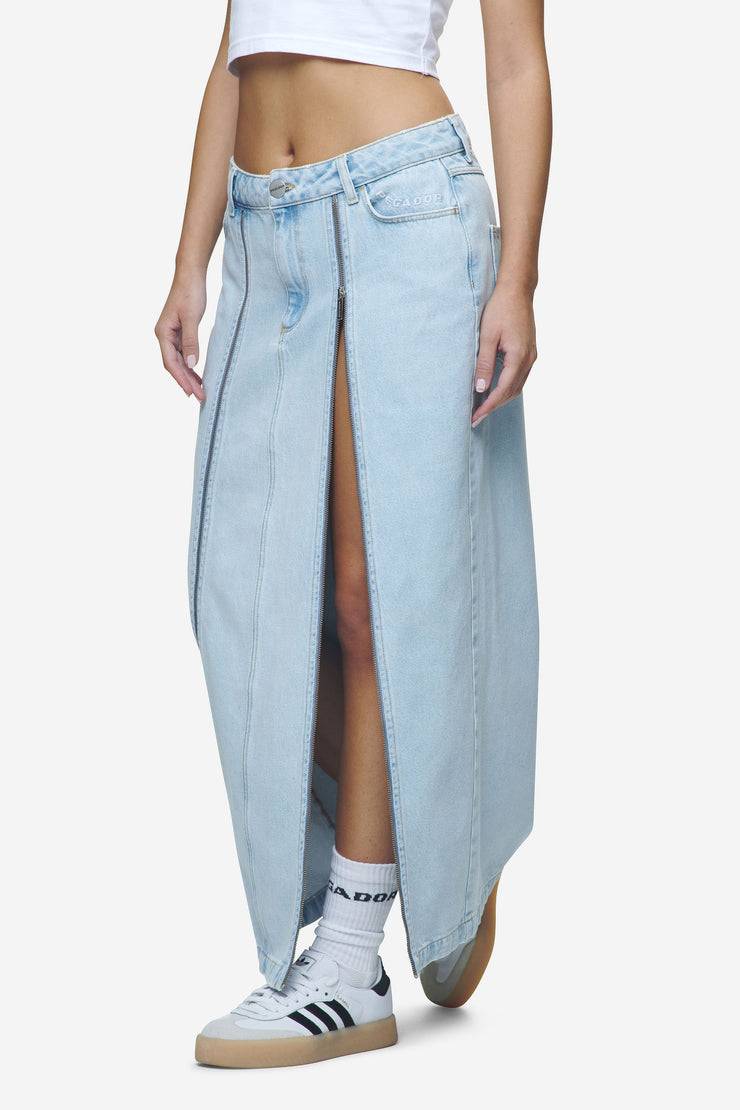 Pegador Aya Denim Midi Zip Skirt Washed Light Blue Flash Sale