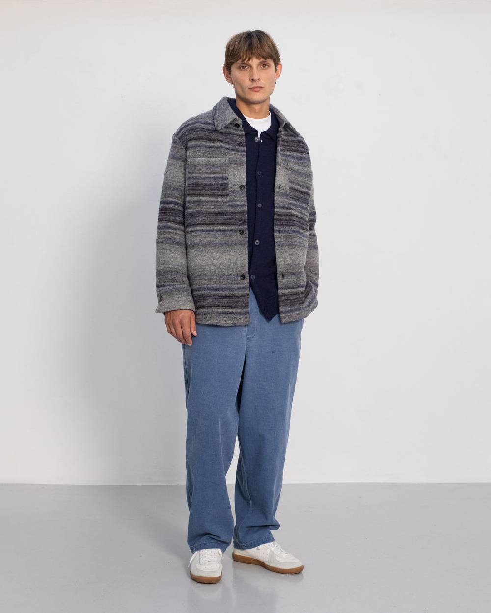 Rotholz Dickes Overshirt Bio Wollmischung - Grau Gestreift Fabrik Onlineshop