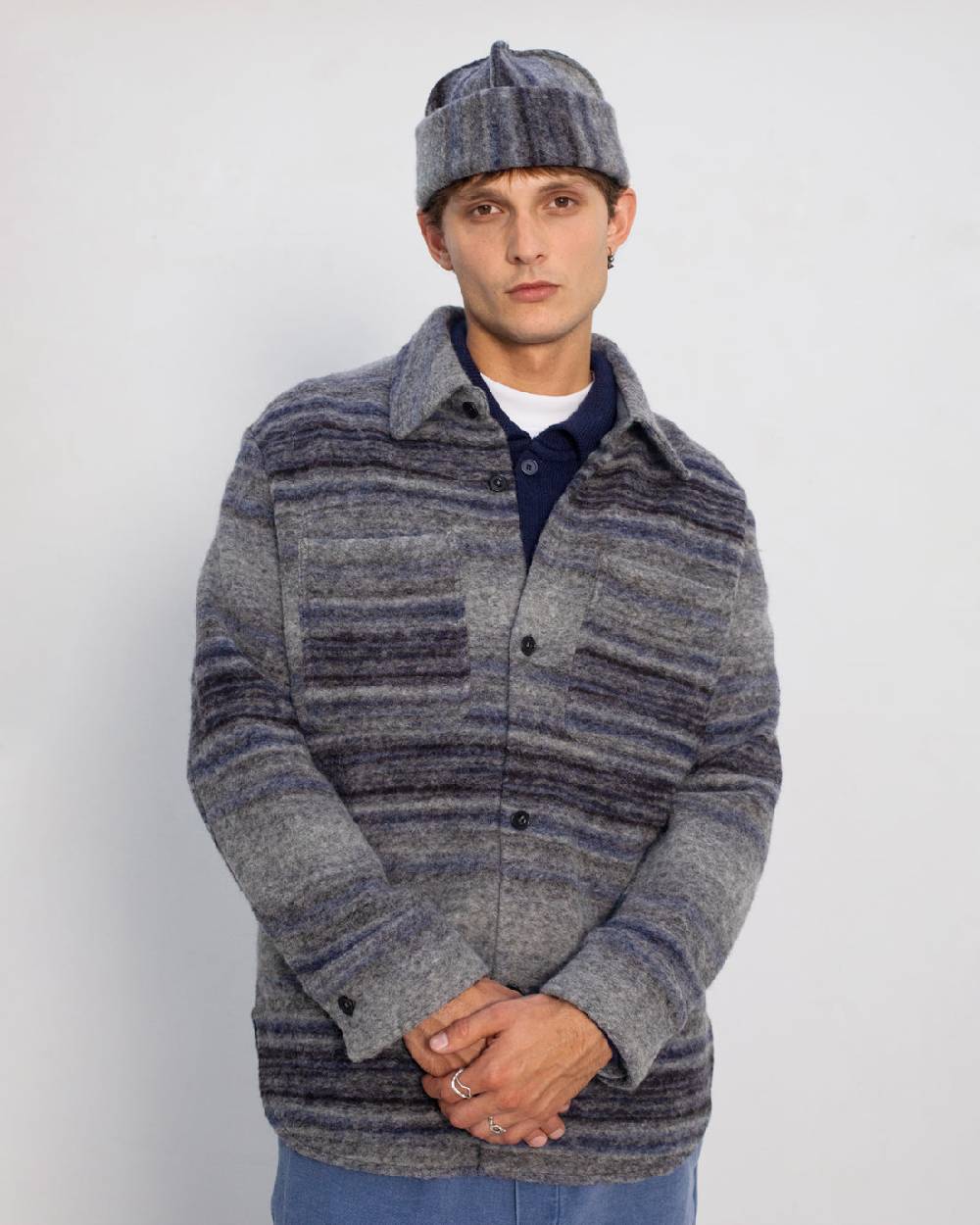 Rotholz Dickes Overshirt Bio Wollmischung - Grau Gestreift Fabrik Onlineshop