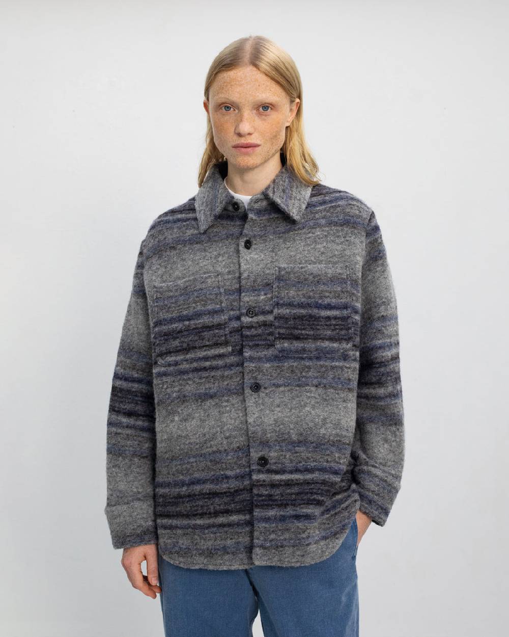 Rotholz Dickes Overshirt Bio Wollmischung - Grau Gestreift 50% Rabatt mit kostenlosem Versand