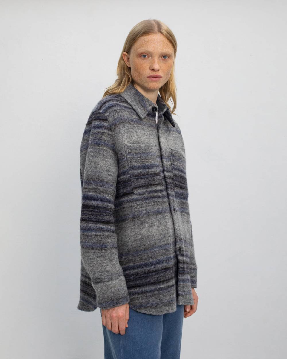 Rotholz Dickes Overshirt Bio Wollmischung - Grau Gestreift Speichern exportieren
