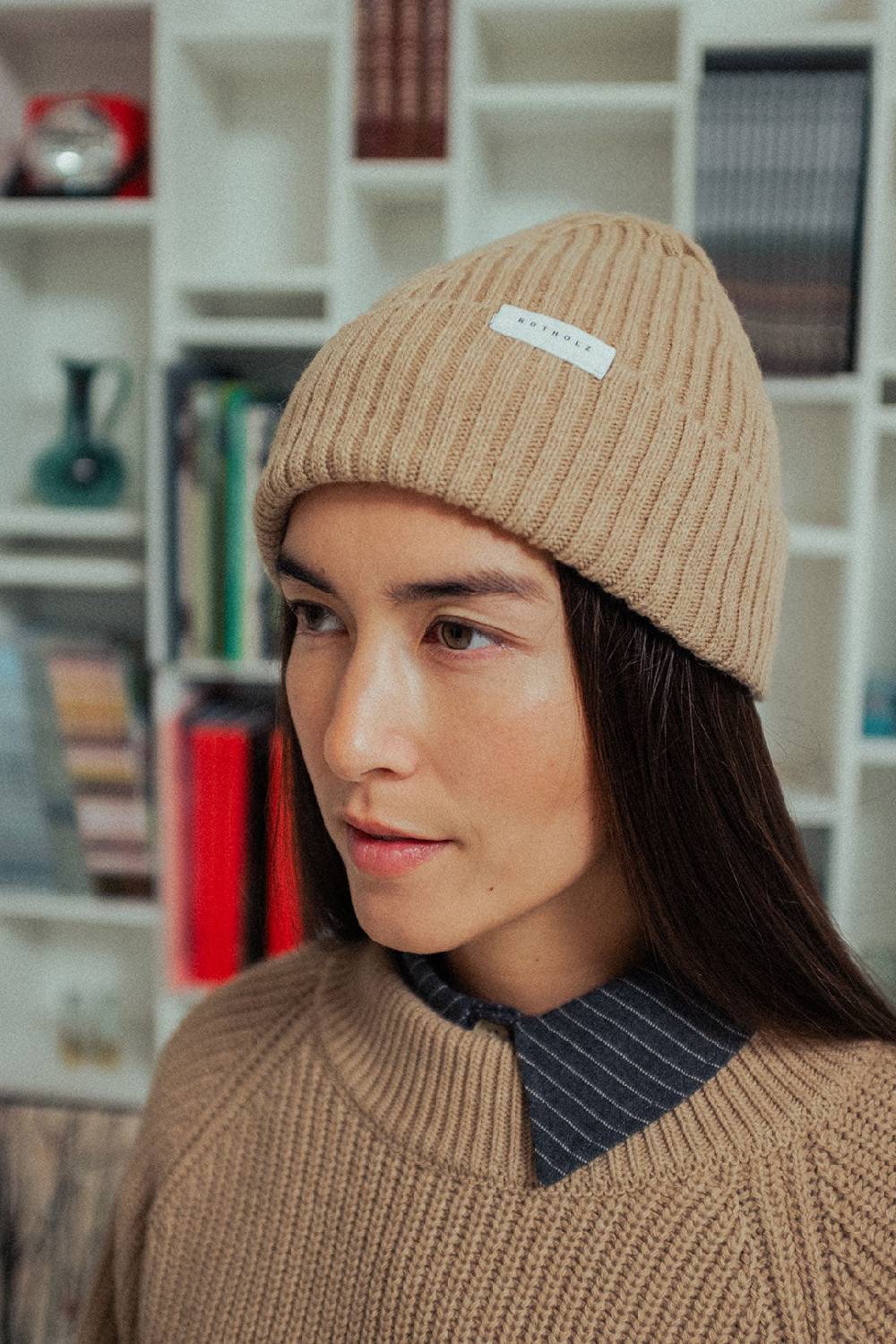 Rotholz Klassische Mütze Wollmix Ripp - Beige im Angebot