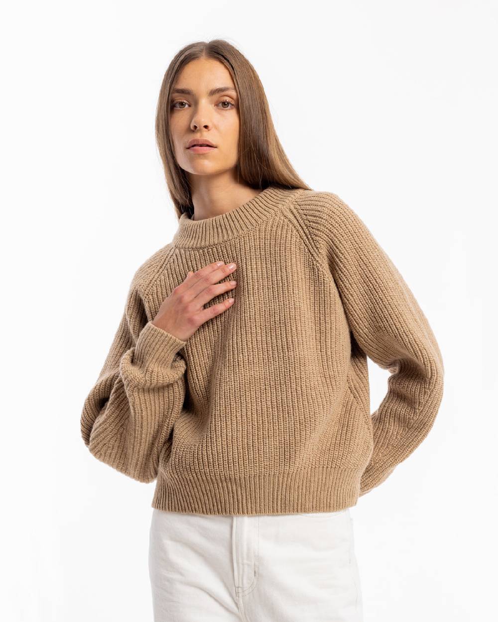 Rotholz Grober Strickpullover Wollmischung - Beige Kostenlose Rückgabe