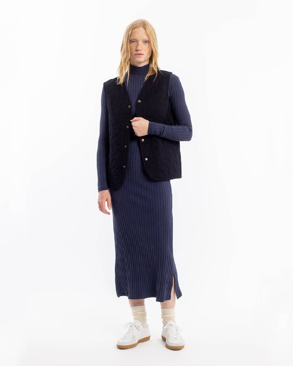 Rotholz Geripptes Kleid Bio Baumwolle - Dunkelblau im Angebot