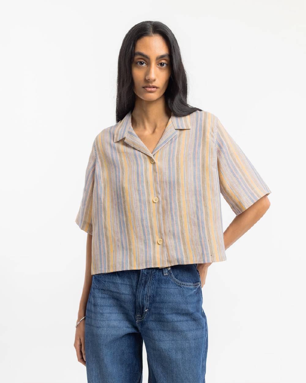 Rotholz Kurzes Bowling Shirt Leinen Mix - Gestreift Flash Sale