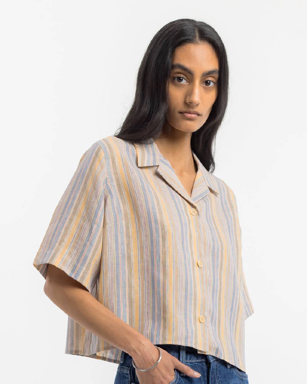Rotholz Kurzes Bowling Shirt Leinen Mix - Gestreift Flash Sale