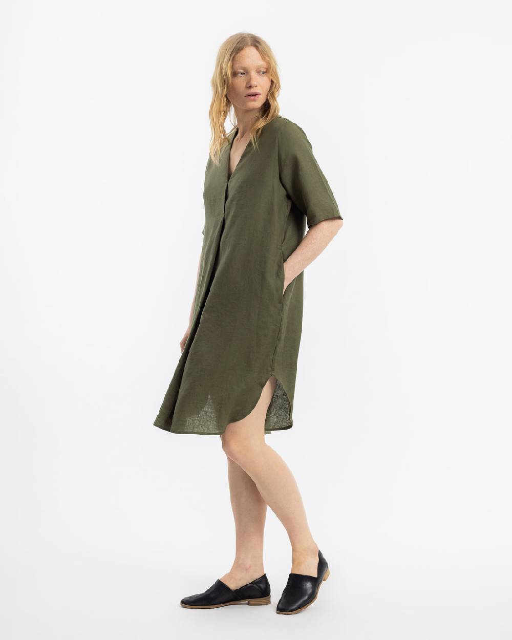 Rotholz Kaftan Kleid Leinen Mix - Oliv Bestseller