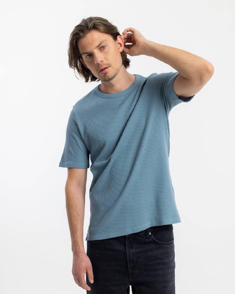 Rotholz Waffel T-Shirt Bio-Baumwolle - Blau Räumungsverkauf
