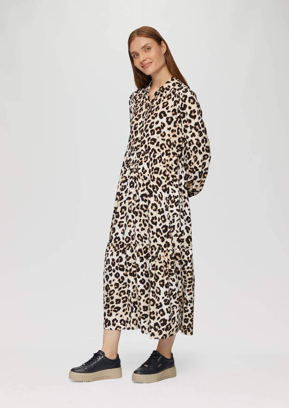 S.Oliver Langes Viskosekleid mit Leo-Muster und Volants Online Outlet