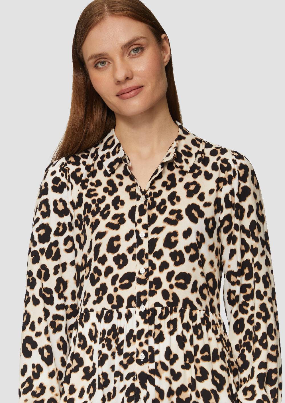 S.Oliver Langes Viskosekleid mit Leo-Muster und Volants Online Outlet