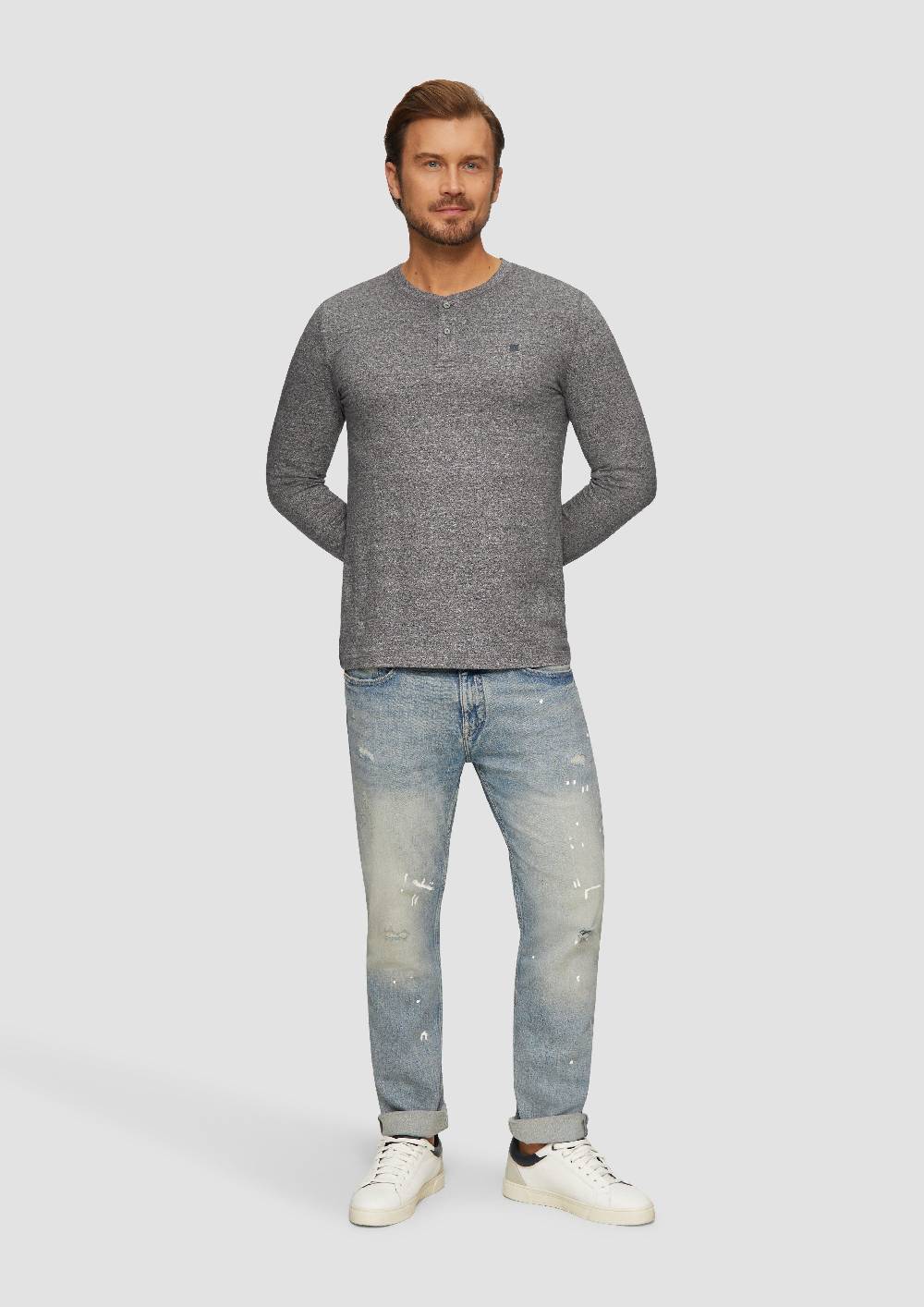 S.Oliver Meliertes Longsleeve mit Henley-Ausschnitt Rabatt