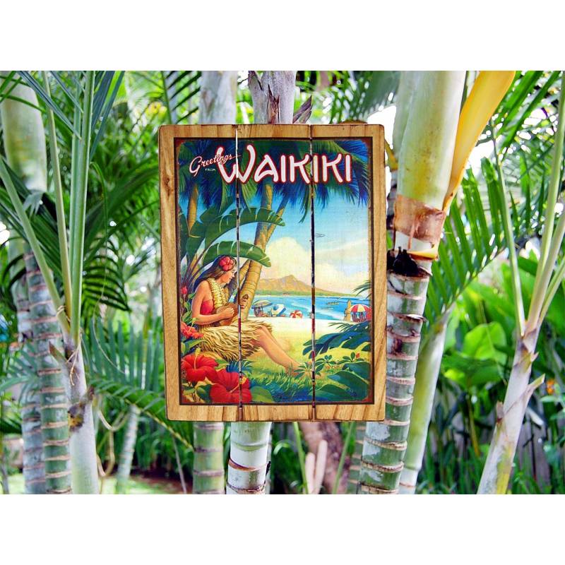 Seestern Sportswear Seestern Deko Holz Wandbild im Vintage Sixties Surf Look 50 x 80 cm Waikiki Motiv /1836 Tägliche Deals